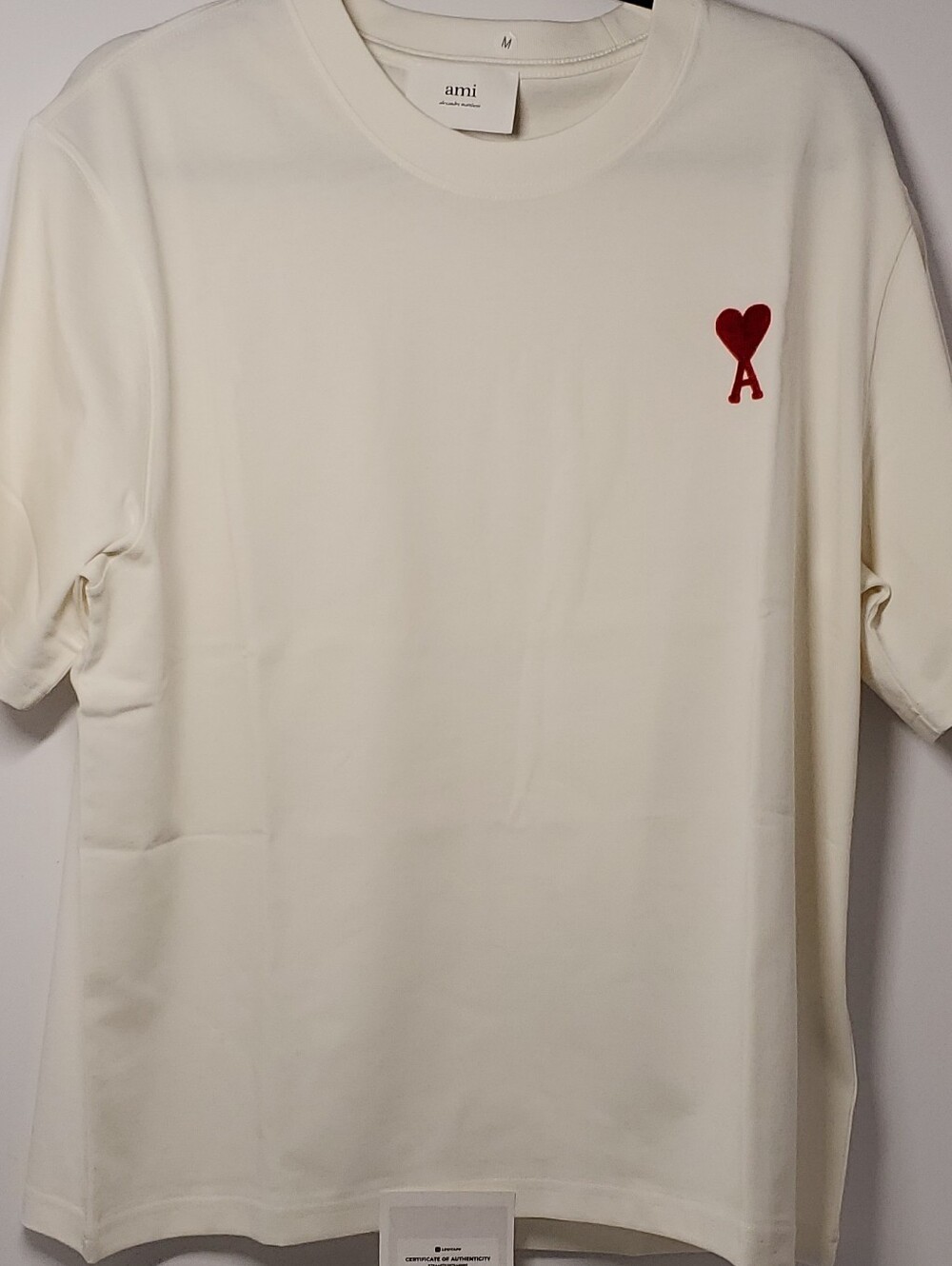 AMI Alexandre Mattiussi Ivory Embroidered Heart Logo Crew Tee Cotton Jersey M